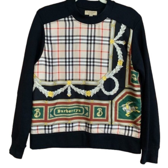 Burberry Archive Scarf Print Women's Black Cotton Silk Jersey Sweatshirt Sweater - Picture 2 of 2